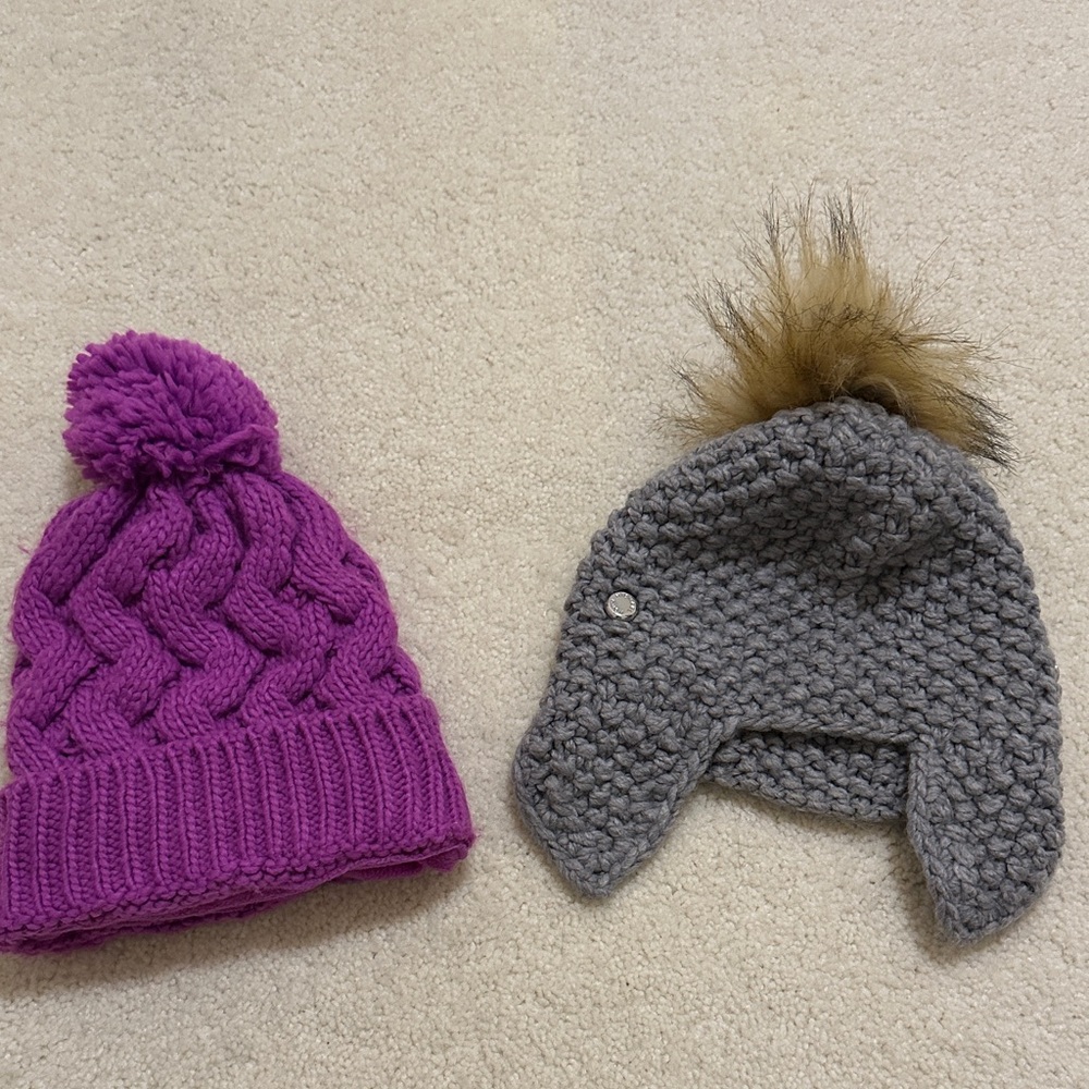 Purple Knit Pom-Pom Beanie and Gray Michael Kors Earflap Hat